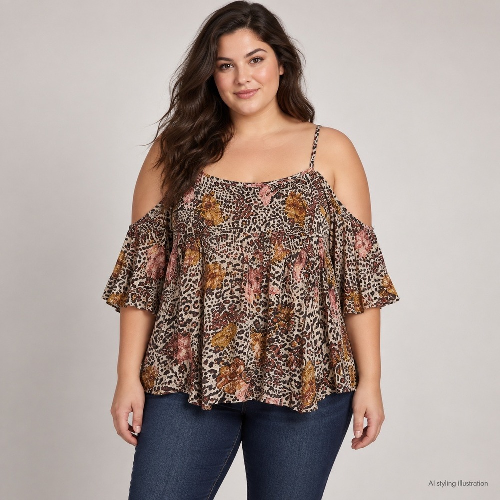 Torrid Cold Shoulder Top Women Size 2 Leopard Floral Boho Smocked Babydoll